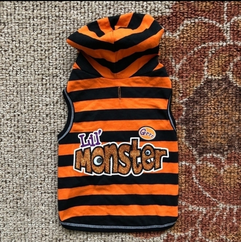 Lil' Monster Pet Dog Halloween Costume Hoodie Size Small S Striped Orange EUC - Picture 2 of 7